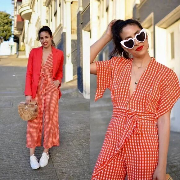 Faithfull the brand Cedric Red Gingham Culotte Jumpsuit $169 Sz 2 NWOT - Picture 1 of 9